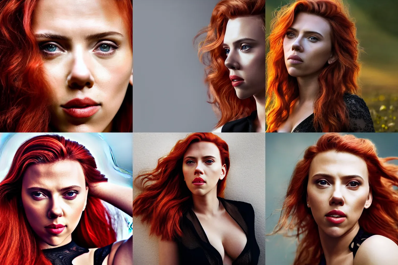 Prompt: close - up photo still of scarlett johansson looking off into the distance, long red hair, black dress, golden hour, photorealistic, ultra detailed, intricate, natural light falling on her face. the focus is on her eyes and brows, fujifilm x - pro 2, by annie leibowitz