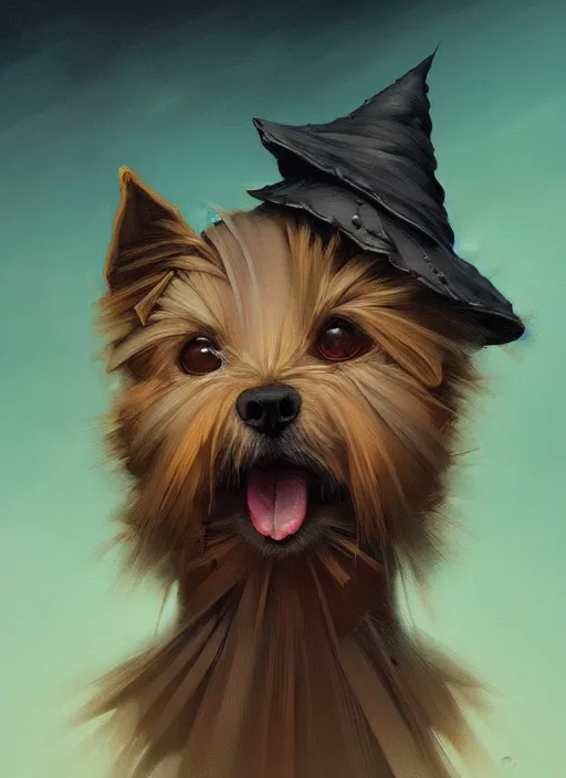 Image similar to norwich terrier as an witch, backround dark, highly detailed, digital illustration, trending in artstation, modern painting, smooth, sharp focus, intricate, by peter mohrbacher