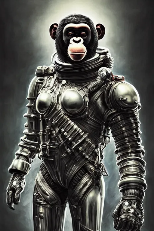 Prompt: a portrait of a muscular anthropomorphic cyberpunk chimp in spacesuit armor with ensignia on chest plate by sandra chevrier, by jon foster, detailed render, post - processing, extremely hyperdetailed, intricate, epic composition, cybernetics, 4 k realistic, cryengine, realistic shaded lighting, sharp focus, masterpiece, by enki bilal