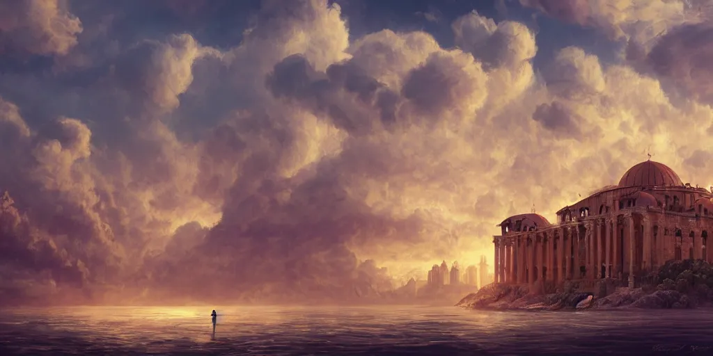 Prompt: beautiful digital illustration of a Byzantine palace in a sea of clouds by Andreas Rocha, fluffy pastel clouds, establishing shot, cinematic, architecture, concept art, deviantArt, artsation, artstation HQ, HD, 16k resolution, smooth, sharp detail, amazing depth, octane, finalRender, Unreal Engine