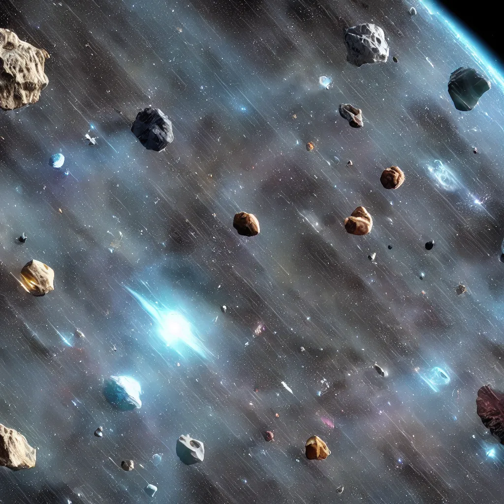 Image similar to galactic space fleet flying safely into an asteroid belt, 8 k resolution