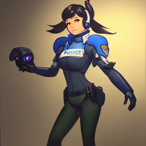 Prompt: D.VA from Overwatch wearing a police uniform, holding handcuffs in one hand Blizzard Concept Art Studio Ghibli. oil paint. 4k. by brom.