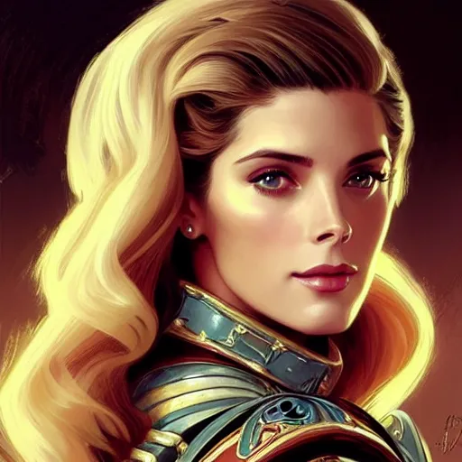 Image similar to Ashley Greene's face combined with Grace Kelly's face as a Space Marine, western, D&D, fantasy, intricate, elegant, highly detailed, digital painting, artstation, concept art, matte, sharp focus, illustration, art by Artgerm and Greg Rutkowski and Alphonse Mucha