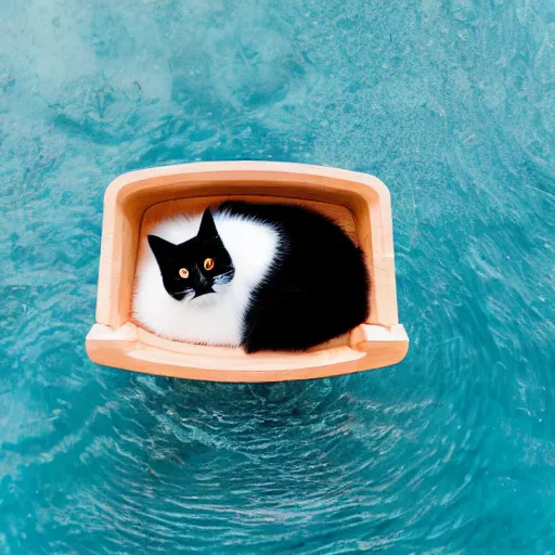 Prompt: a sadcat laying on a tiny bed in the middle of the ocean, canon eos r 3, f / 1. 4, iso 2 0 0, 1 / 1 6 0 s, 8 k, raw, unedited, symmetrical balance, in - frame