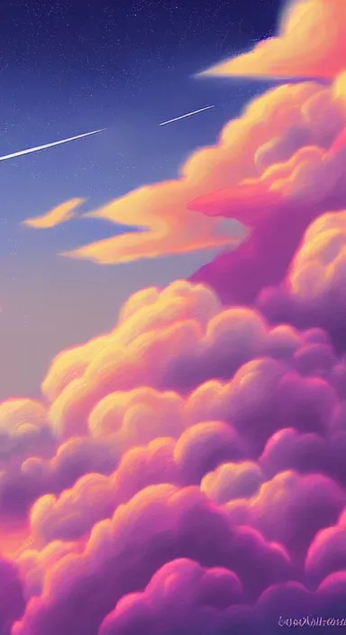 Prompt: pink clouds, under blue clouds, in space, background artwork, digital art, award winning, pixel art