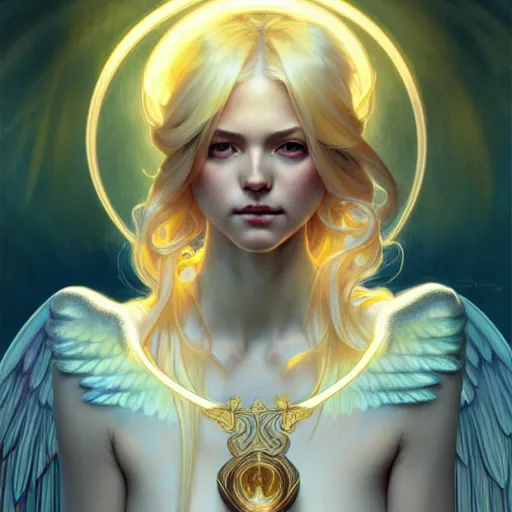Image similar to Winged girl angel with blonde hair and glowing halo, iridescent, seraphim, fantasy, intricate, elegant, highly detailed, digital painting, artstation, concept art, smooth, sharp focus, illustration, art by Krenz Cushart and Artem Demura and alphonse mucha