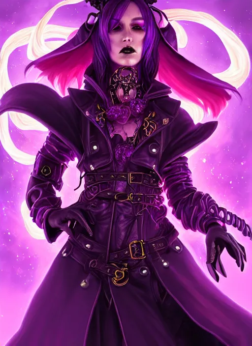 Prompt: portrait of a mix between necromancer and pyromancer, female, shiny purple fire and decadence, leather coat, high fantasy, dnd, face details, extremely detailed, smooth, sharp focus, digital illustration, by artgem, rossdraws, sakimichan