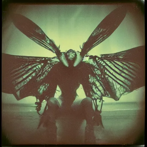 Prompt: real photo of Mothman taken on Polaroid