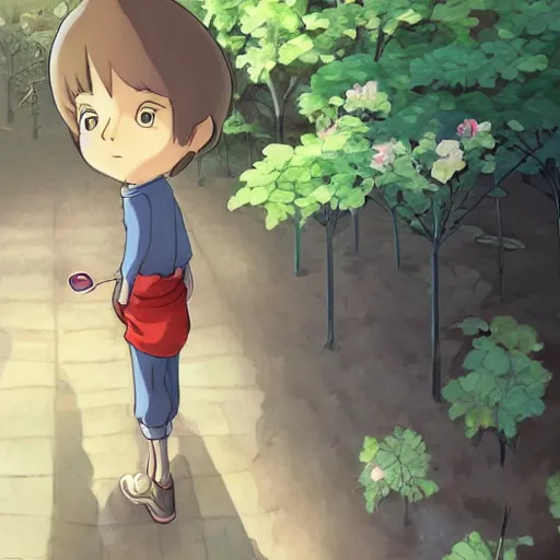 Image similar to friendly guy and small creature , with Fragile looking character portrait face made in Ghibli artstyle ,highly detailed art, beautiful scene, sharp focus, smooth, 8k, anime art,