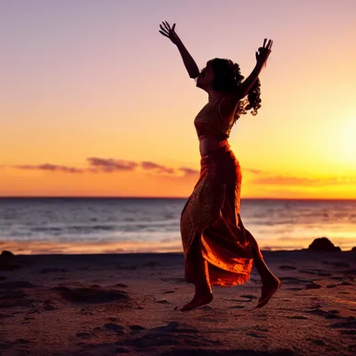 Image similar to 3 5 year old mediterranean skinned woman in ancient canaanite clothing dancing with a tambourine by the ocean, sunset, other women dancing behind,