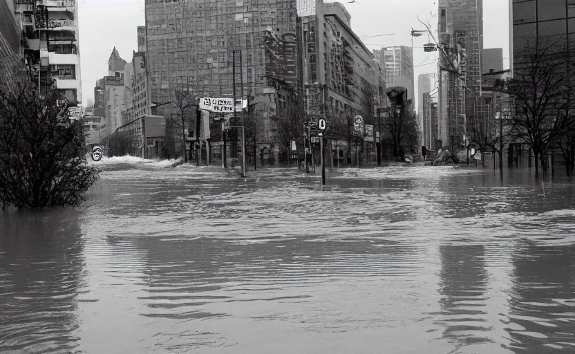 Image similar to a cityscape after a flood, 35mm