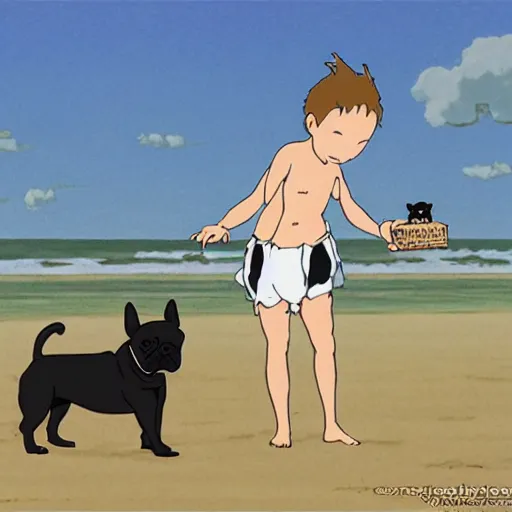 Image similar to black french bulldog in the beach, studio ghibli