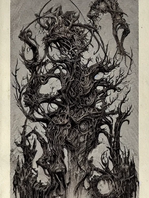 Prompt: A horror illustration design of a Prophecy book from hell revealing the Warwick Goblel of an Ancient Creature,by Maximilian Pirner and Gregoire Kenne and and aaron horkey and peter gric,trending on pinterest,Lovecraftian,medieval,ossuary,rococo,fractalism,maximalist,glittering,feminine