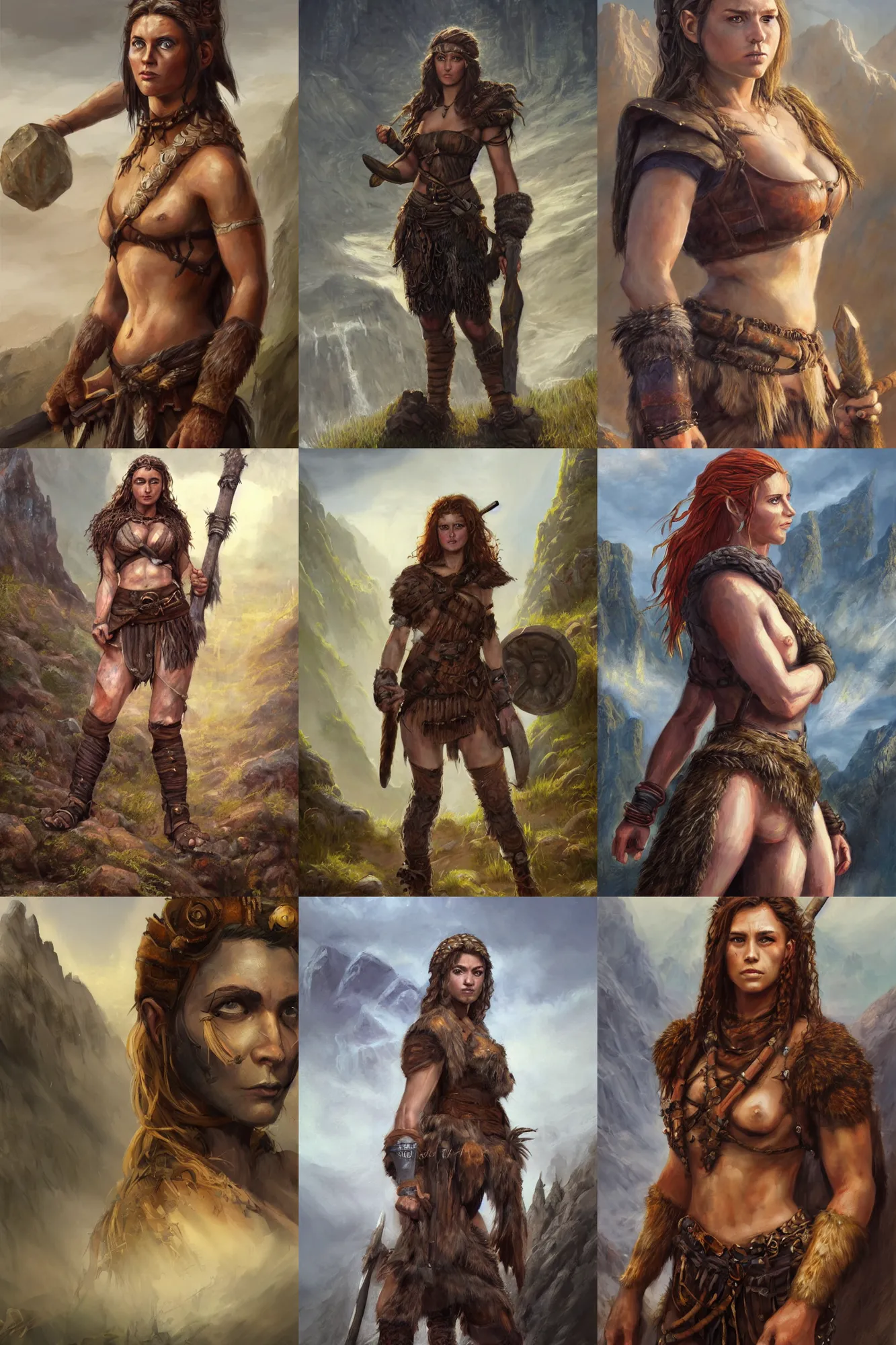 Image similar to a full body high detail fantasy portrait oil painting illustration of a beautiful young rugged stoic barbarian woman by justin sweet with face and body clearly visible, in a scenic background, pupils visible, realistic proportions, d & d, rpg, forgotten realms, artstation trending, high quality, sombre mood, artstation trending, muted colours, entire person visible!