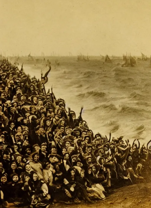 Prompt: photograph of people screaming as their anhilation looms on the horizon