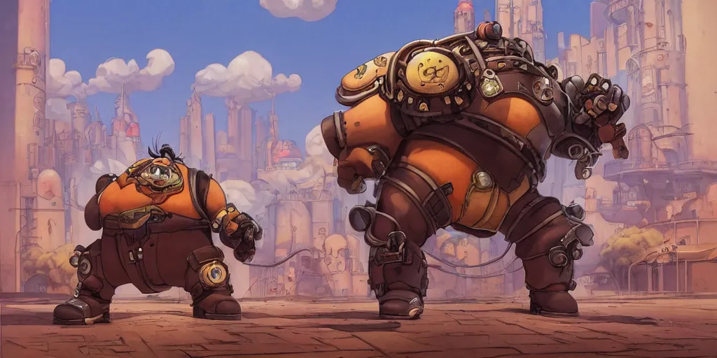 Image similar to roadhog from overwatch in style of the 1 9 9 0 disney cartoon, cinematic shot, octane render dieselpunk style, steampunk, art by jean giraud and moebius ; architecture by francois schuiten, illustration, drawing, painting, clean lines, digital art, symmetric, retrofutur, detailed, artstation