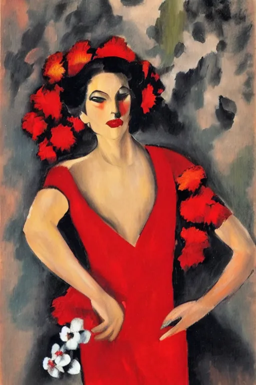 Prompt: spanish flamenco dancer in mallorca wearing a red dress made of flowers by artist tamara de lempicka