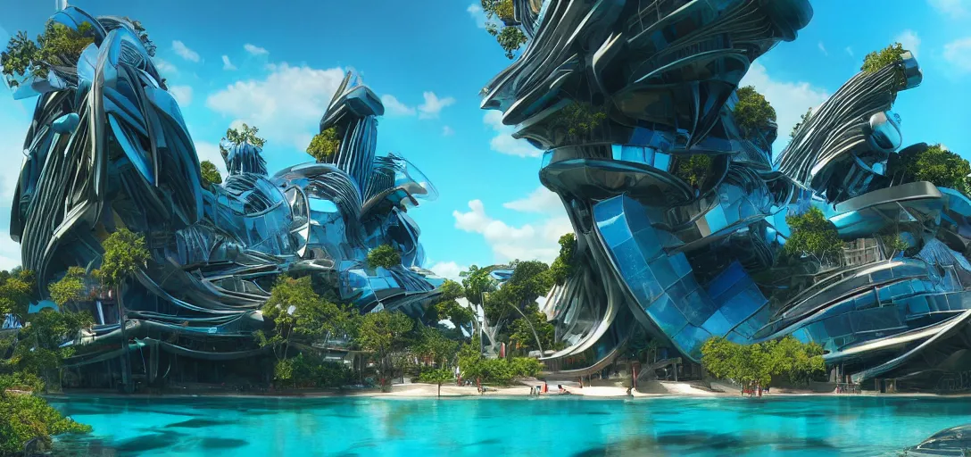 Prompt: highly detailed futuristic architecture by Frank Lloyd Wright and Salvador Dalí, reflective lighting, holographic, stylized vegetation, ground-level view, puddles of turquoise water, stunning sunny lighting, sunrise, vivid colors, in the style of pixar animation, trending on Artstation, 8k, matte painting, ray tracing, hyper detailed, unreal engine 5, cinematic, epic lighting, cryengine, octane render, cyberpunk, red and orange glow, vibrant