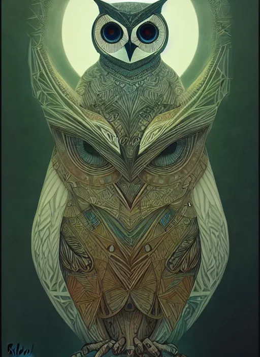 Image similar to portrait of a geometric owl, identical eyes, medium shot, illustration, full body made of white feathers, symmetrical, art stand, super detailed, cinematic lighting, and its detailed and intricate, gorgeous, by peter mohrbacher