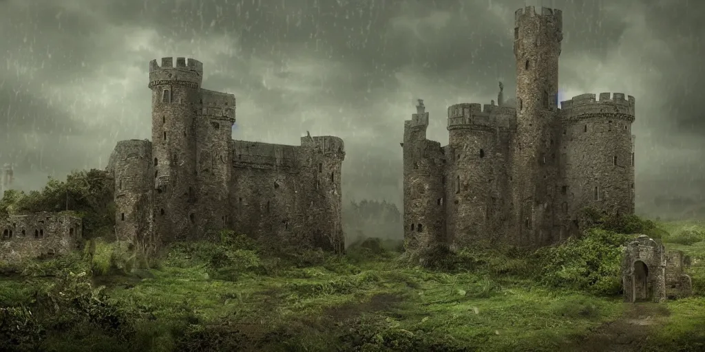 Image similar to matte painting, castle, dramatic landscape, overgrown, cinematic, overcast, interior light, rain