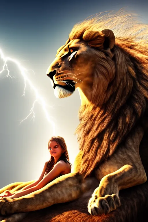 Image similar to girl riding on a lion, 2 0 year old girl, girl sitting on the lion, lion roaring, extremely detailed, high quality, cinematic, dramatic lightning, photo realistic, beautiful face, highly detailed face, 4 k