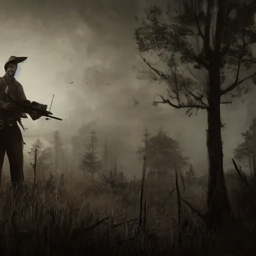 Image similar to a matte painting of hunters from hunt showdown videogame holding a birthday cake, digital art, very detailed, in the style of greg rutkowski,