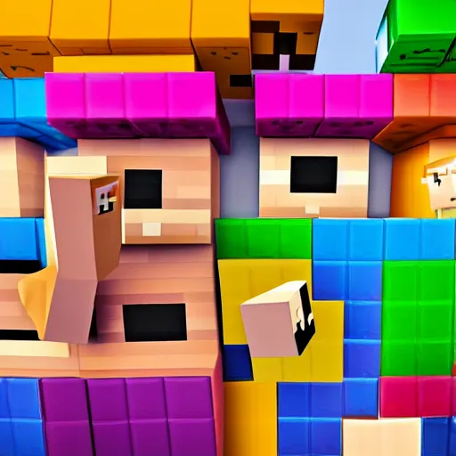 Prompt: block figures looking like roblox figures or minecraft players, playing with a computer in a block world, having fun in the sun, bright and fun colors