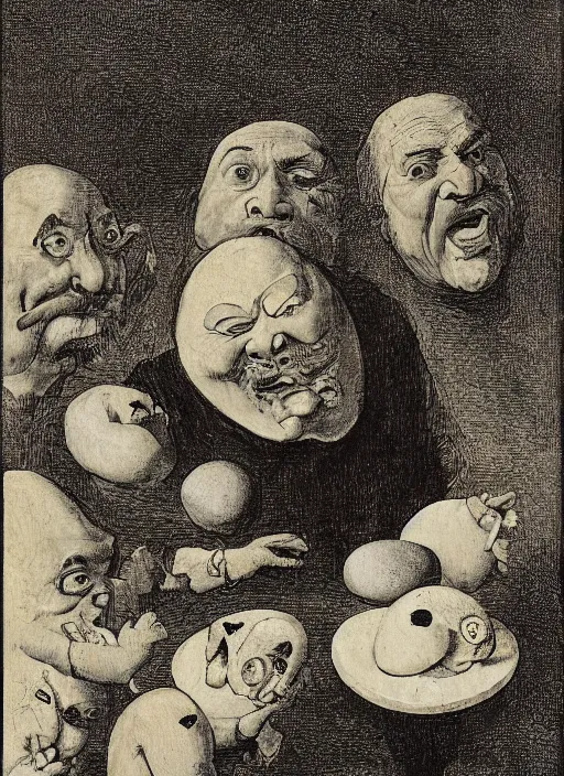 Image similar to carton of gregs'eggs with silly round humpty dumpty jack black facial expressions, realistic, by hieronymus bosch and pieter brueghel