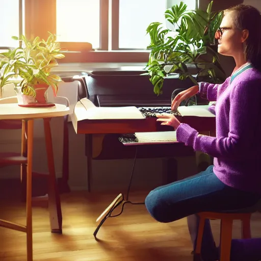 Prompt: portrait of a woman programming a computer, photograph of the whole room, colorful computer screen, home office with plants, colorful toys all over the floor, piano in the background, cosy, serene, morning light, very detailed, vivid colors, solid color background
