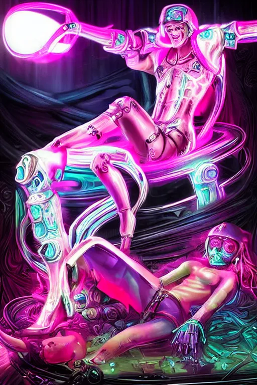 Image similar to fantasy medeival and cyberpunk style white neon statue of a muscular attractive tan male macho dotado android reclining sim roupa con piroca dura, glowing pink face, white baseball cap, blue steampunk lasers, emeralds, swirling silver silk fabric. futuristic elements. prismatic rainbow spotlight, full-length view. space robots. human skulls. throne made of bones, intricate artwork by caravaggio. Trending on artstation, octane render, cinematic lighting from the right, hyper realism, octane render, 8k, depth of field, 3D