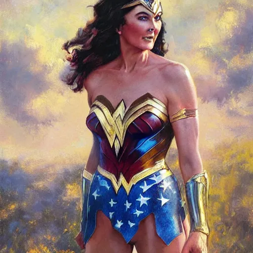 Image similar to portrait of Lynda Carter as Wonder Woman in the morning sun, Danile Gerhartz, oil painting