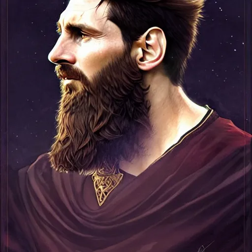 Prompt: Messi with a majestic beard, D&D, fantasy, intricate, elegant, highly detailed, digital painting, artstation, concept art, matte, sharp focus, illustration, art by Artgerm and Greg Rutkowski and Alphonse Mucha