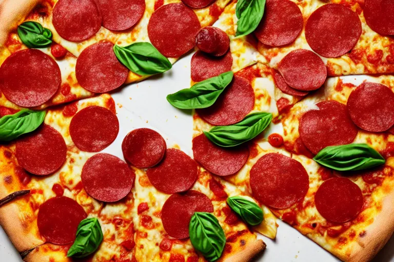 Image similar to a pizza with among us character-shaped pepperoni on top. Food photography, studio photography, highly detailed