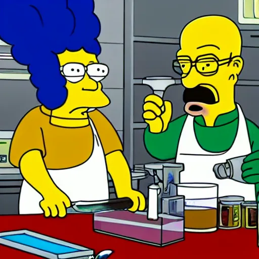 Image similar to walter white cooking meth in a laboratory in the style of the simpsons