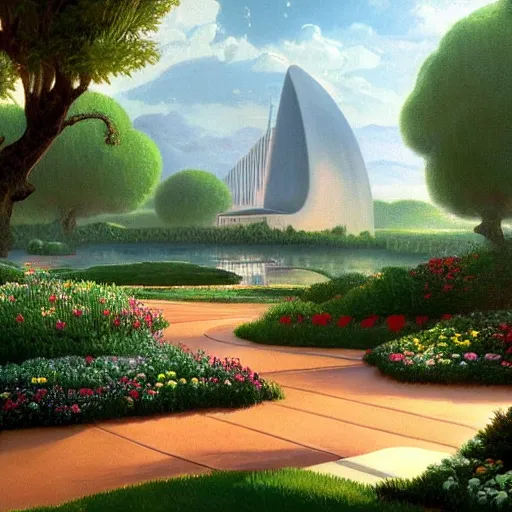 Prompt: very detailed and perfectly readable fine and soft relevant outlines soft edges painting by beautiful walt disney animation films of the late 1990s and Thomas Cole in HD, we see a futuristic giant military design boeing architecture in a french perfect garden, nice lighting, perfect readability, UHD upscale W-1024 H-1024 n-4