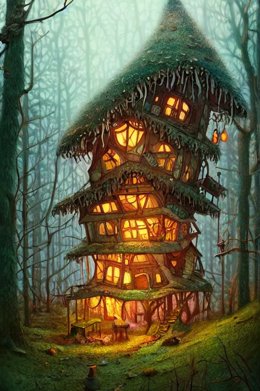 Image similar to a storybook illustration of a ramshackle multistory fairytale hut in the forest, intricate, elegant, fantasy, highly detailed, digital painting, concept art, sharp focus, artstation, in the style of a Wes Anderson movie