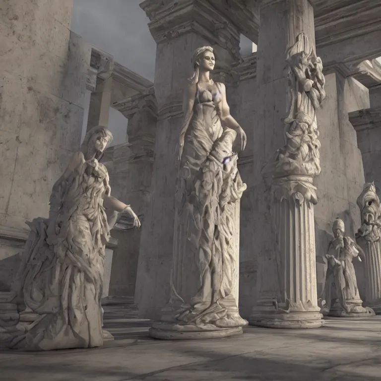 Image similar to octane render portrait by wayne barlow and carlo crivelli and glenn fabry, a first person shooter video game taking place inside an ancient greek mystery cult, fire and smoke, white marble columns, dancers dressed in flowing white togas, cinema 4 d, ray traced lighting, very short depth of field, bokeh