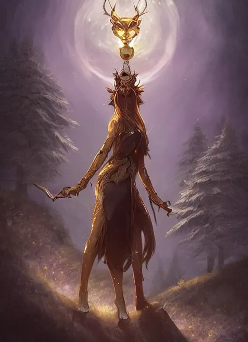 Prompt: fantasy art by charlie bowater and yoshitaka amano, lynx holding a golden intricately decorated shiny scepter, night, spruce trees on the sides, mountains in the background, eerie dark atmosphere, moonlit, back light