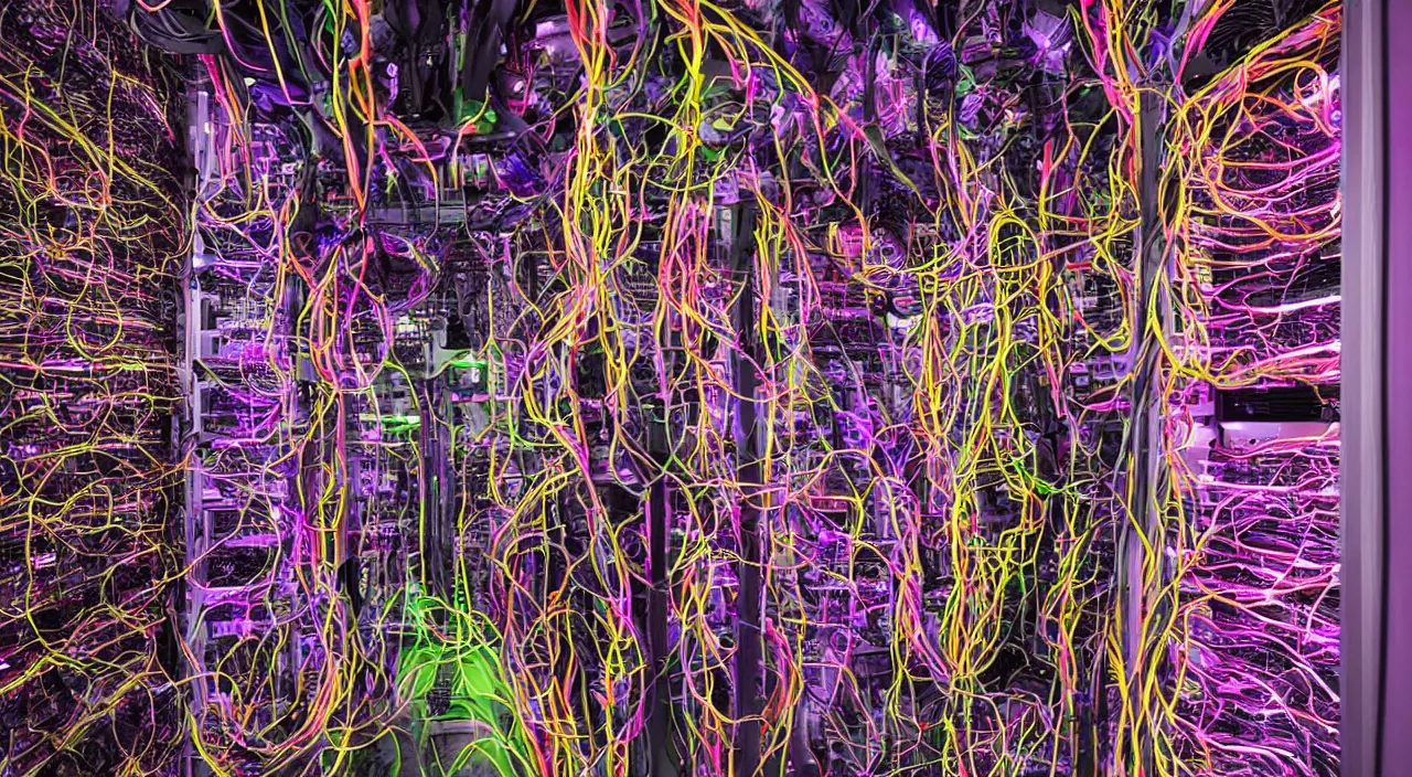 Prompt: dark broken corrupted server rack computer crypto mining data center servers equipment red, magenta, orange, yellow, pink, purple color coded wires and cables, blinking led status lights and indicators, in the dark, chaotic 5 5 mm photography detailed footage