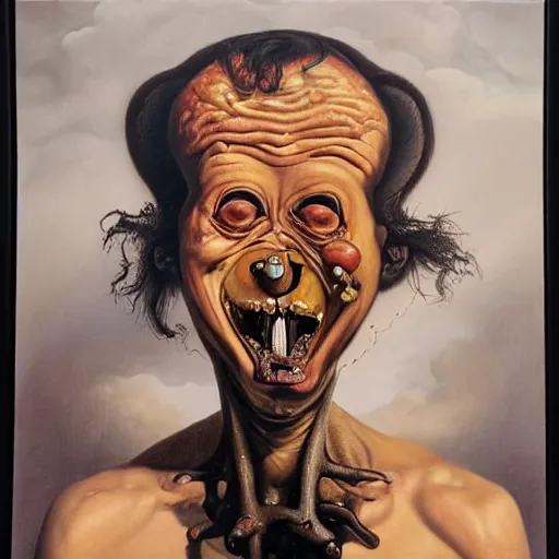 Image similar to oil painting with black background by christian rex van dali todd schorr of a chiaroscuro portrait of an extremely bizarre disturbing mutated man with acne intense chiaroscuro obscuring features lighting perfect composition masterpiece