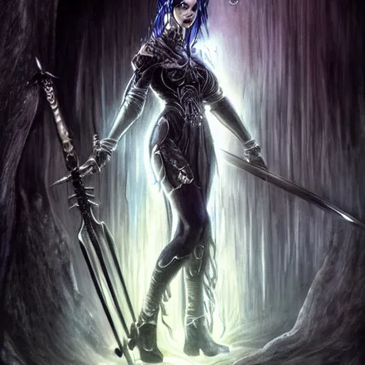 Prompt: female warrior, black hair, glowing sword, cinematic, by luis royo