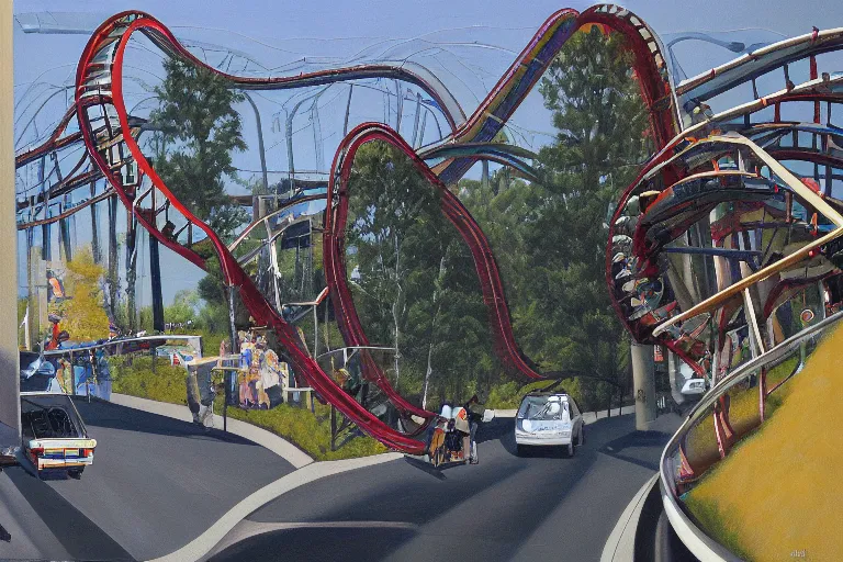 Image similar to watching traffic on a road that does loop - de - loops like a rollercoaster, a jeffrey smart painting, danger and peril