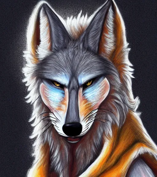 Image similar to expressive stylized master furry artist digital colored pencil painting full body portrait character study of the sergal wolf fursona animal person wearing clothes by master furry artist blotch