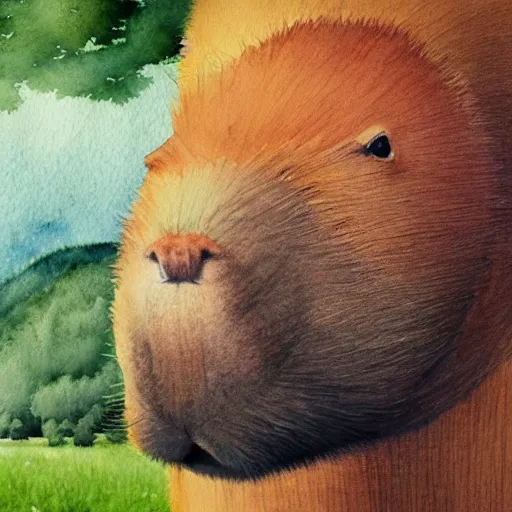 Prompt: a beautiful watercolor painting of an enormous capybara, by Antonio Guidotti, ghibli studio, hyper detailed, matte art, trending on artstation,