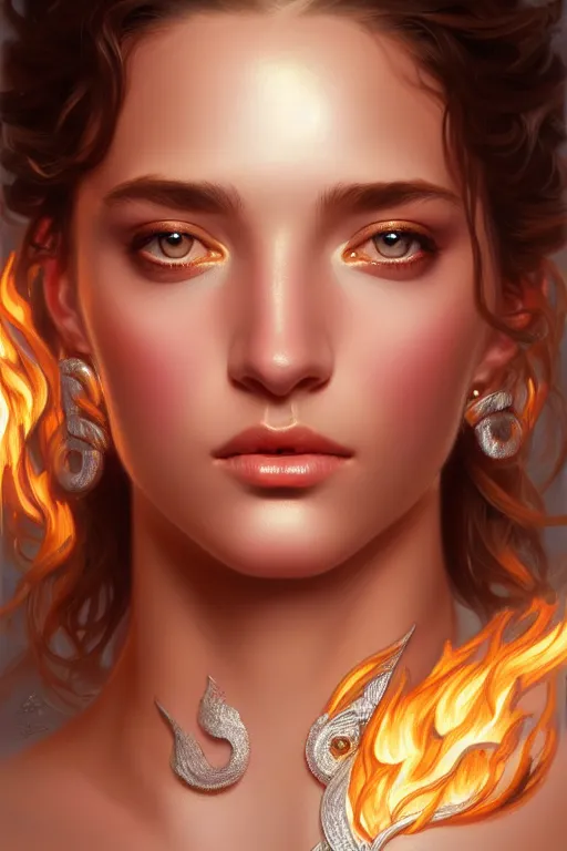 Image similar to portrait of beautiful greek goddess, eyes ablaze with silver fire, by terry o'neill intricate, elegant, highly detailed, digital painting, glistening skin, artstation, concept art, smooth, sharp focus, bright lighting, illustration, art by artgerm and greg rutkowski and alphonse mucha, 8 k