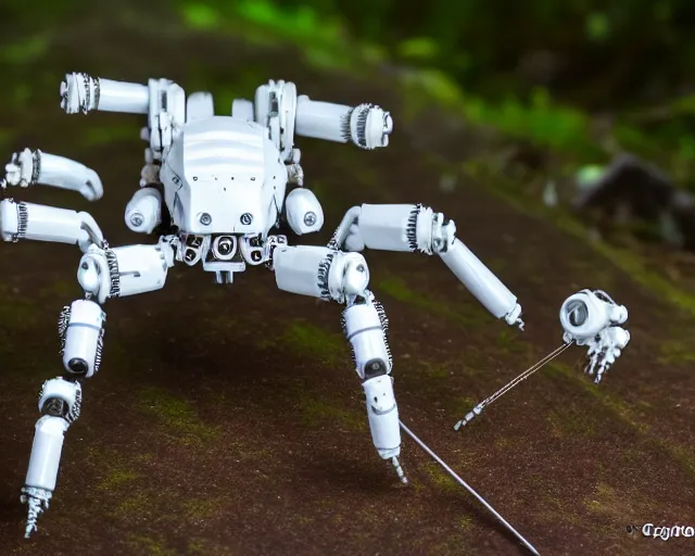 Image similar to photo of a white terminator spider with heavy duty biomechanical hydraulic cybernetic body with antennas and visor cogs and gears and components in the forest. cyberpunk horror style. highly detailed 8 k. intricate. nikon d 8 5 0 5 5 mm. award winning photography.