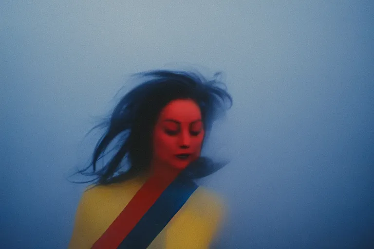 Image similar to film photography, minimalism, close up woman with bright lipstick running in the blue fog, low shutter speed, 35mm, motion blur