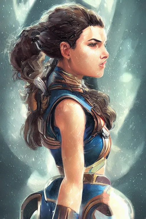 Image similar to three quarters portrait of a beautiful woman,super hero costume,heroic pose,highly detailed, digital painting,illustration, art by Stanley Lau