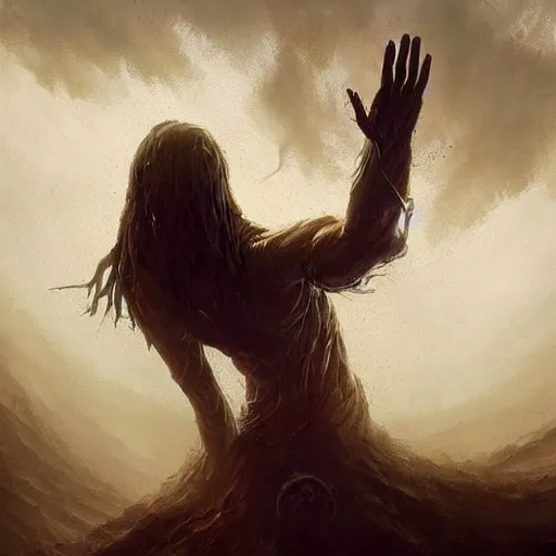 Prompt: a beautiful terrifying pale humanoid giant reaches out to grab a human. ethereal fantasy art by greg rutkowski