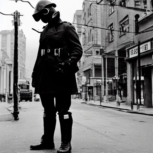 Image similar to a trenchcoat soldier wearing a gasmask and officer hat, standing on street corner, gritty, noir